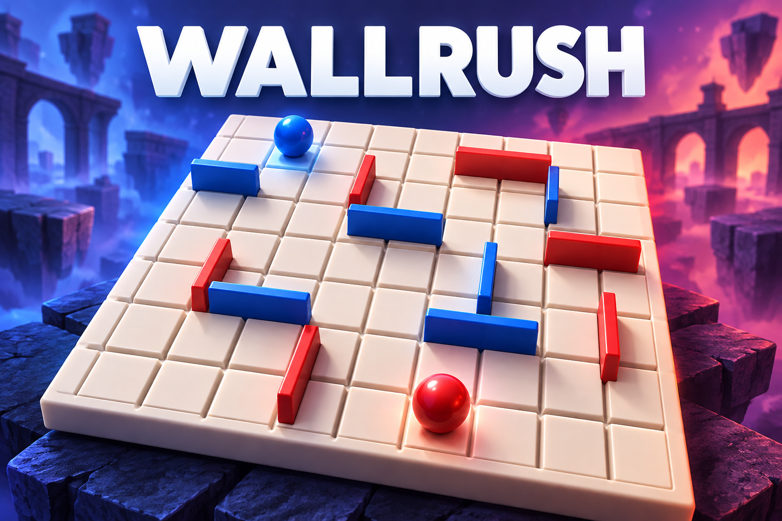 WallRush: blaues und rotes Spielstück auf einem Brett mit Mauern
